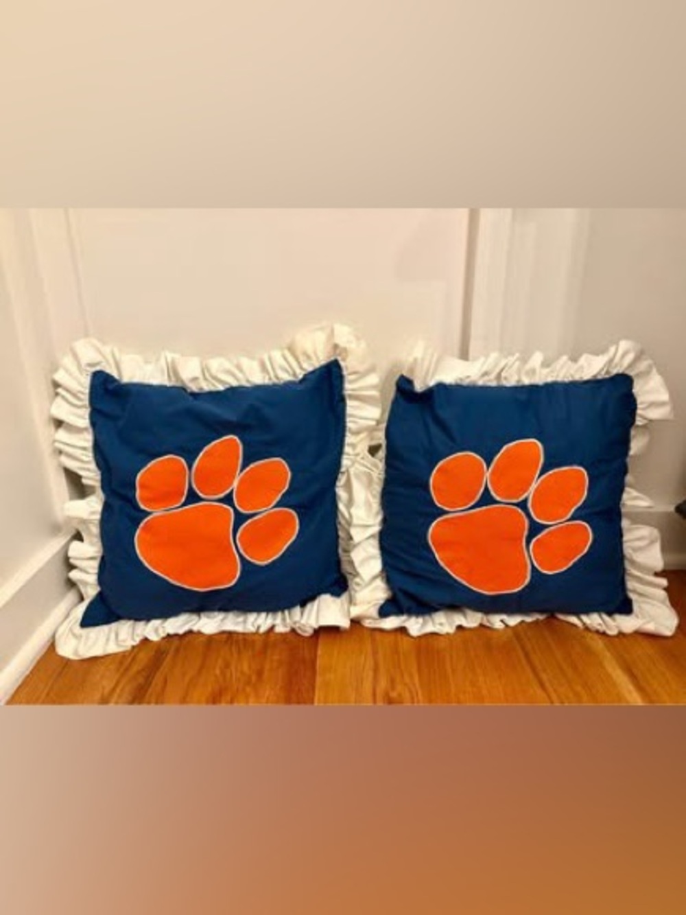 Set of Vintage Handmade Clemson Ruffle Throw Pillows - 14x14